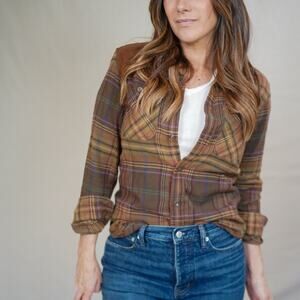 Vintage Ralph Lauren Sport Plaid Flannel Shirt with Suede Shoulder Patch